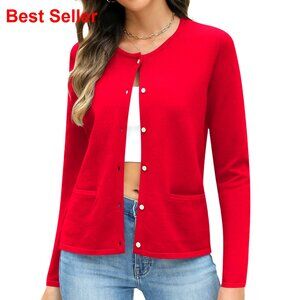 Lightweight Button Down Cardigan Sweater with Pockets Long Sleeve Crew Neck